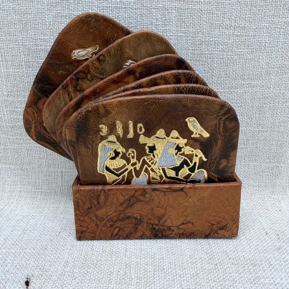 Vintage Egyptian Leather Coasters Set of 6 with‎ Holder Brown Gold Embossed